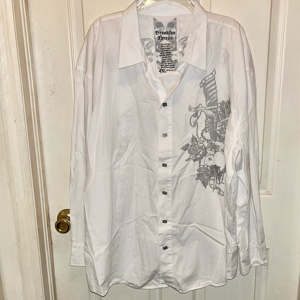 BROOKLYN XPRESS Men’s Long Sleeve Button Down Skull Flames Dagger Shirt. Sz 4XL